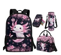 NETILGEN Kids Backpack with Lunch Box Pencil Case Bottle Sleeve 4 Pcs Set Teens Elementary Middle School Bags, Cherry Floral Axolotl, L, Casual