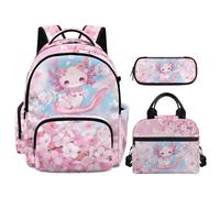 NETILGEN Kids Cartoon Backpack with Lunch Box Pencil Case 3 Pcs Set Elementary Middle School Bags Set, Cherry Flower Axolotl, L, School