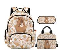 NETILGEN Kids Cartoon Backpack with Lunch Box Pencil Case 3 Pcs Set Elementary Middle School Bags Set, Daisy Capybara, L, School