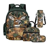 NETILGEN Kids School Backpack Set 4 in 1 Oak Leaf Deer Print Large Capacity School Bookbag with Insulated Lunch Box Pencil Case and Bottle Sleeve Pouch