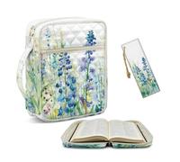 NETILGEN Large Quilted Bible Bag with Handle Blue Lavender Floral Bible Cover Case with Leather Bookmark for Women Scripture Bible Study Supplies Portable Church Bag