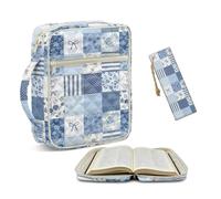 NETILGEN Large Quilted Bible Cover Case with Leather Bookmark Vintage Blue Floral Portable Bible Study Supplies Carrying Case with Handle and Front Zipper Pocket Christian Gifts
