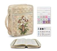 NETILGEN Lily Cross Beige Bible Cover for Women, Quilted Carrying Case with Handle, Bible Scripture Study Supplies Book Protector for Book Lovers Gifts