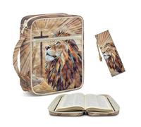 NETILGEN Lion Cross Quilted Bible Cover Case and Leather Bookmark Set Large Quilted Bible Carrying Case with Handle and Front Zipper Pocket Scripture Study Supplies