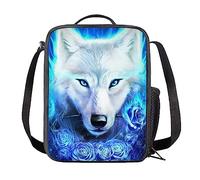 NETILGEN Lunchbox with Zipper Shoulder Strap Insulated Mini Small Lunch Bag Crossbody Pouch for Kids Children Lunch Bag, Blue Rose Wolf
