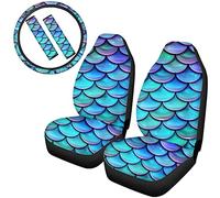 NETILGEN Mermaid Car Seat Covers Full Set for Women, Auto Front Seat Cover,Anti-Slip Steering Wheel Cover,Seat Belt Shoulder Pads, Mermaid Fish Scales Girls Car Accessories 5 Pcs,Universal Fit