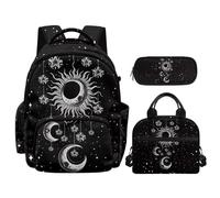 NETILGEN Moon and Sun Black Kids Cartoon Backpack for Elementary Primary School Students Bookbag with Insulated Lunch Bag Pencil Box