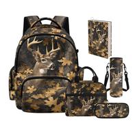 NETILGEN Oak Leaf Hunting Camo Deer Boys School Bags Set for Elementary Primary School Students Bookbag Set and Lunch Box Pencil Case Bottle Sleeve Book Cover 5 in 1