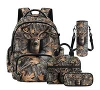NETILGEN Oak Leaf Hunting Deer School Backpack for Teen Boys Age 6-12 Large Capacity Bookbag with Lunch Box Pencil Case and Bottle Sleeve for Elementary Primary School