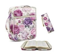 NETILGEN Purple Rose Flower Bible Cover Case with Leather Bookmark for Women Large Quilted Bible Study Supplies Carrying Case for Church Travel