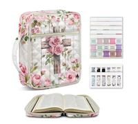 NETILGEN Rose Cross Bible Cover for Women Large Quilted Carrying Case with Handle, Book Tabs & Magnetic Bookmark, Bible Scripture Study Supplies