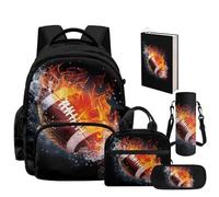 NETILGEN Sports Theme Flame Rugby Backpack for Boys Age 4-12 Large Capacity School Bookbag Set with Lunch Box Pencil Case Bottle Sleeve Pouch and Book Cover