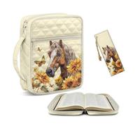 NETILGEN Sunflower Horse Large Quilted Bible Cover Case with Leather Bookmark for Women Bible Study Supplies Church Bag Bible Carrying Case with Handle