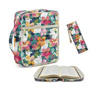 NETILGEN White Cat Flowers Large Quilted Bible Cover Case with Leather Bookmark Portable Bible Study Supplies Carrying Case with Handle and Front Zipper Pocket Christian Gifts