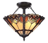 Netlighting Cambridge 2 Light Semi Flush Ceiling Light Vintage Bronze Tiffany Glass E27 in Brown Netlighting Brown