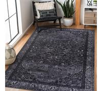 NETLINE HOME Washable Area Rugs for Living Room Traditional Flatweave Rug Non Slip Kitchen Rug - Decorative Floor Mats Low Pile Vintage Rugs Boho Design Foldable Hallway Carpets for Bedroom -Black