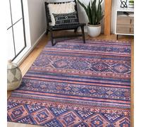 NETLINE HOME Washable Area Rugs for Living Room Traditional Flatweave Rug Non Slip Kitchen Rug - Decorative Floor Mats Low Pile Vintage Rugs Boho Design Foldable Hallway Carpets for Bedroom -Blue