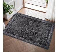 NETLINE HOME Washable Area Rugs for Living Room Traditional Flatweave Rug Non Slip Kitchen Rug - Decorative Floor Mats Low Pile Vintage Rugs Boho Design Foldable Hallway Carpets for Bedroom -Black