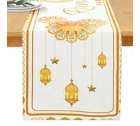 Netnology Eid Mubarak Table Runner Decorations,White and Gold Ramadan Mosque Lattern Islamic Happy Holiday Kitchen Dining Table Decor for Home Party Supplies 13 x 72 Inch