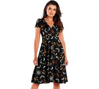 NetSetUK Women's Halloween Midi Dress Ghost Skull Pumpkin Prints Ladies V Neck Skater Style Novelty Swing Dress Party Wear