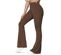 NetSetUK Womens Petite Bootcut Range Rib Knit High Waist Stretchy Tummy Control Wide Leg Bootleg Yoga Pants Palazzo Flare Trousers for Ladies Brown