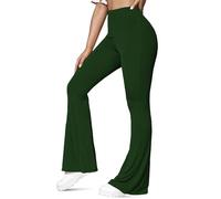 NetSetUK Womens Petite Bootcut Range Rib Knit High Waist Stretchy Tummy Control Wide Leg Bootleg Yoga Pants Palazzo Flare Trousers for Ladies Bottle Green