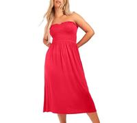 NetSetUK Women's Strapless Sheering Boob Tube Gather Oversized Plus Size Elasticated Bust Bandeau Plain Beach Summer Sleeveless Top Midi Dress for Ladies 8-22 Red