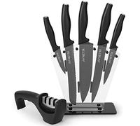 NETTA Kitchen Knife Set with Block - 6 Piece Stainless Steel - Premium Kitchen Set with Clear Storage Block, 5 Knives, Knife Sharpener - Black