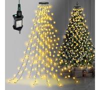Netta Waterfall Christmas Tree Lights with Ring, 2.5m x 12 Strands 300 LED | For 6ft-8ft Xmas Tree/Tangle-Free/Timer/Memory/Mains Powered/8 Light Modes/ Waterproof, Indoor & Outdoor Use, Warm White