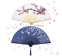 NETUME 2 Pieces Folding Hand Fans for Women, Silk Fabric and Hollow Carved Bamboo Handheld Folding Fan, Chinese Style Hand Fan Folding with Tassels for Wall Decoration/Wedding and Gifts