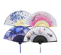NETUME 4 Pieces Hand Folding Fans for Women, Silk Fabric and Hollow Carved Bamboo Handheld Folding Fan, Chinese Style Hand Fan with Tassels for Gifts and Wall Decoration
