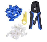 Network Cable Crimping Tool, Ratchet Wire Crimp Pliers with Wire Stripper and 20 RJ Connectors for Cat5 Cat6 Ethernet Cables, Alloy Steel TPR Handle for Network Installation