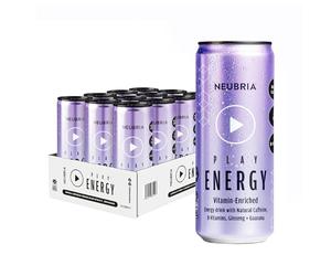 Neubria Play Natural Nootropic Energy Drink | 187mg Natural Caffeine with Guarana, Ginseng & B Vitamins | Sugar Free | Vegan | Focus & Productivity Drink | 12 x 330ml (Tropical Punch)
