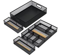 Neudeco Drawer Organizer with Two Adjustable Dividers,Mesh Desk Drawer Organizer Tray-Stackable, Metal Desktop Storage Tray Office File Organizer with Handle.(Pack 4,Black)