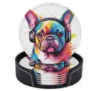 Neukim 6 Pcs Colorful French Bulldog Leather Coasters for Drinks with Holder Round Mug Mat Table Desk Coasters Set Cup Coasters for Living Room Kitchen Coffee Decor