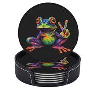 Neukim 6 Pcs Colorful Peace Frog Leather Coasters for Drinks with Holder Round Mug Mat Table Desk Coasters Set Cup Coasters for Living Room Kitchen Coffee Decor