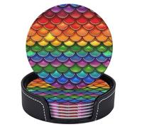 Neukim 6 Pcs Colorful Rainbow Mermaid Dragon Scales Leather Coasters for Drinks with Holder Round Mug Mat Table Desk Coasters Set Cup Coasters for Living Room Kitchen Coffee Decor