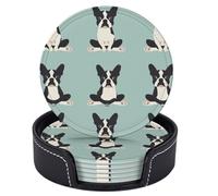 Neukim 6 Pcs Yoga Boston Terrier Funny Dogs Leather Coasters for Drinks with Holder Round Mug Mat Table Desk Coasters Set Cup Coasters for Living Room Kitchen Coffee Decor