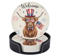 NeuKim Highland Cow US Flag Fireworks Patriotic Americana Round PU Leather Coasters for Drinks Set of 6 with Holder, Heat Resistant Cup Mat Pad for Summer Gatherings, Coffee Table and Bar, 3.9 Inch