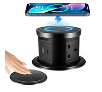 Neulriscn Pop Up Socket with Wireless Charger, Pop Up Socket for Kitchen Worktops, 3 Outlets, 1 USB-A, 1 USB-C, 15W Wireless Charging, Automatic Recessed Power Sockets for Office Countertops (Black)