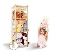 Neulriscn Wooden Stuffed Animal Storage, Solid Wood Zoo Soft Toy Storage Organizer with Wheels, Cuddly Toys Holder with Elastic Band, Stuffed Animals Cage for Nursery, Kids Room, Playroom, 136*40*40cm