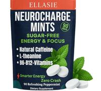 NeuroCharge Bullet Mint Chews (Gum Alternative) Peppermint 90 Sugar Free | 80mg Natural Caffeine + 120mg L-Theanine per Serving | Vitamin B12 & B6 | Work Study Gym Gaming | Ellasie