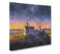 Neuschwanstein Castle At Dusk Canvas Print | Gallery Wrapped 30mm Frame Wall Art | 14x14 inches | Ready to Hang | Modern Cityscape Picture | Living Room Bedroom Lounge Office