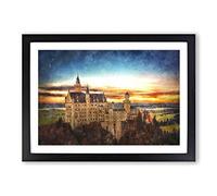 Neuschwanstein Castle Painting Framed Print | A2 Black Framed Wall Art | Ready to Hang | Modern Cityscape Picture | Living Room Bedroom Lounge Office
