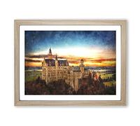 Neuschwanstein Castle Painting Modern Art Framed Wall Art Print, Ready to Hang Picture for Living Room Bedroom Home Office Décor, Oak A2 (64 x 46 cm)