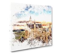 Neuschwanstein Castle Watercolour Canvas Print | Gallery Wrapped 30mm Frame Wall Art | 14x14 inches | Ready to Hang | Modern Cityscape Picture | Living Room Bedroom Lounge Office