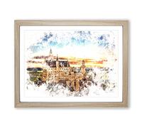 Neuschwanstein Castle Watercolour Modern Framed Wall Art Print, Ready to Hang Picture for Living Room Bedroom Home Office Décor, Oak A2 (64 x 46 cm)