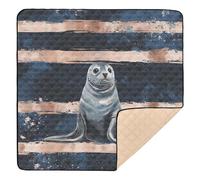 Neutral Australian Fur Seal Navy Blue and Rose Gold Striped Large Sturdy Baby Play Mat for Floor Non-Toxic Infant Play Activity Mat for Baby Toddler Infant, 50'' x 50''