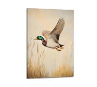 Neutral Country Mallard Duck in Flight Wall Art, Vintage Rustic Marsh Wetlands Hanging Paintings Poster, Wildlife Canvas Print, Minimalist Farmhouse Wall Decor 12x18inch(30x45cm)