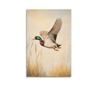 Neutral Country Mallard Duck in Flight Wall Art, Vintage Rustic Marsh Wetlands Hanging Paintings Poster, Wildlife Canvas Print, Minimalist Farmhouse Wall Decor 24x36inch(60x90cm)